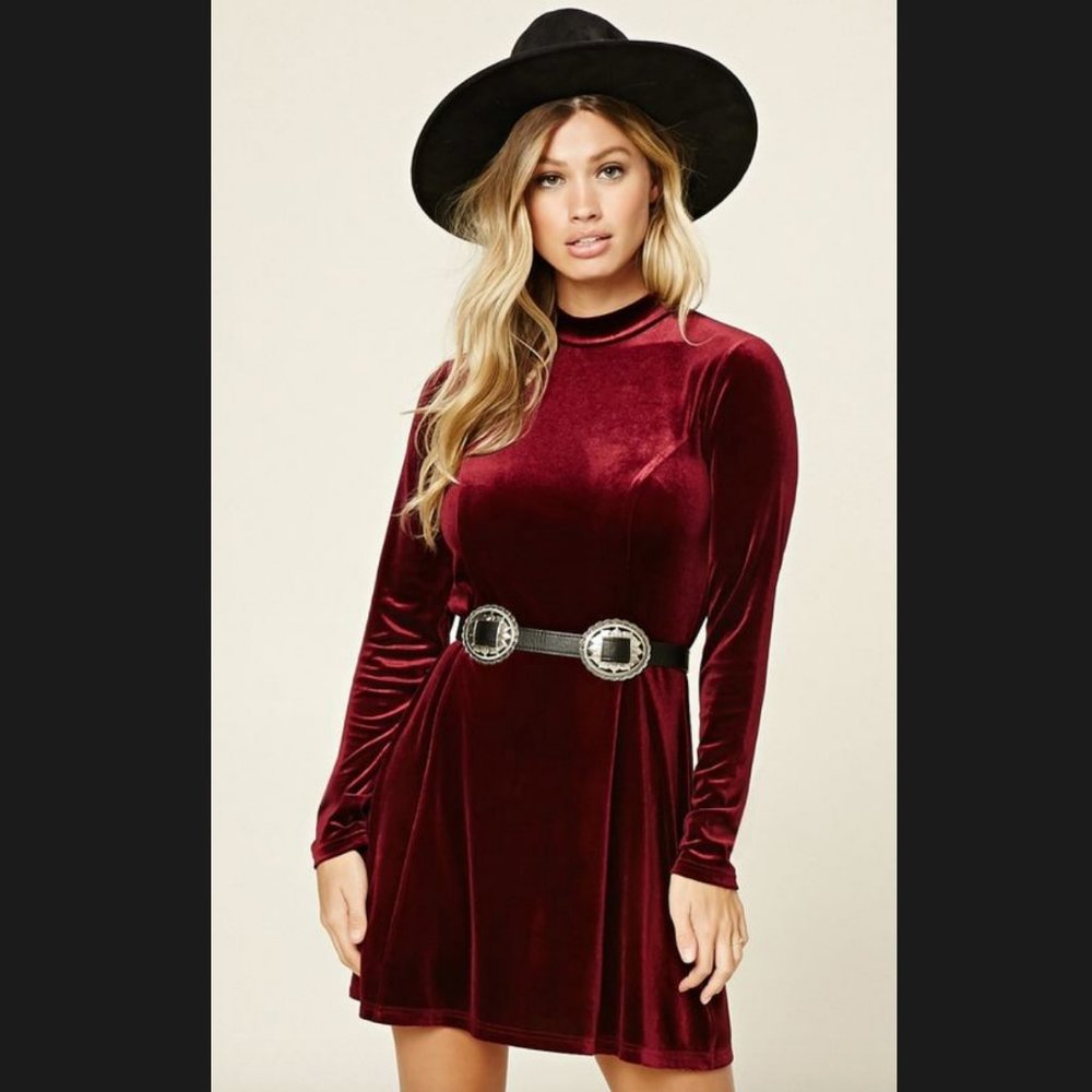 Deep Red Velvet Mock Neck Long Sleeve Skater Dress